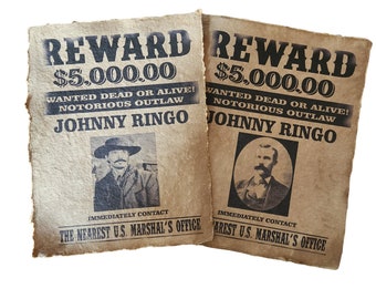 2 x Páginas de pôsteres de procurado envelhecidos de Johnny Ringo/Tombstone, adereço de Halloween do Velho Oeste, arte de parede
