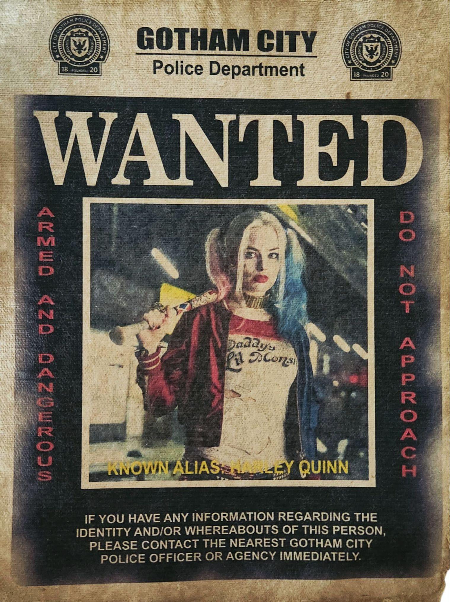Margot Robbie H Quinn Wanted Poster, Aged Printed Art Movie Prop