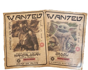 2 x páginas de pôsteres de procurados impressos Mandaloriano, Grogu envelhecido, adereços de Halloween, arte de parede