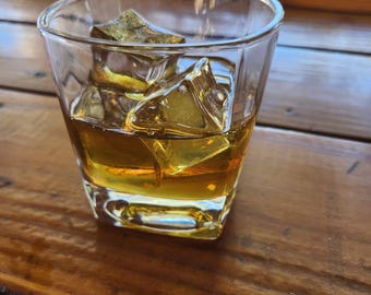 Realistic fake Whiskey on the Rocks glass (square shape) by Dead Head Props, Great as as a gag gift or prank!