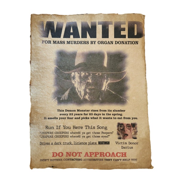 Jeepers Creepers aged printed Wanted Poster, Halloween Prop, Wall Art