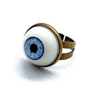 Realistic Adjustable Light Blue Eyeball Ring Antique Brass Steampunk, Halloween, Costume, Cosplay, Evil Eye