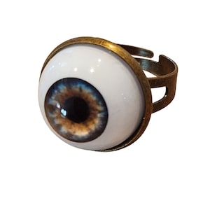 Realistic Adjustable Eyeball Ring (18mm eye) Antique Brass with acrylic eye Steampunk, Halloween, Costume, Cosplay, Evil Eye