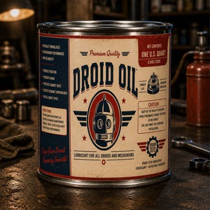 May include: A cylindrical metal can of Droid Oil with a cream, red, and blue label. The front features a robot head graphic, the text Droid Oil, and technical specifications including a net content of one U.S. quart and 0.946 liters.