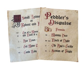 Evil Queen Witches Spell Book aged printed book pages Peddler's Disguise, Halloween Prop