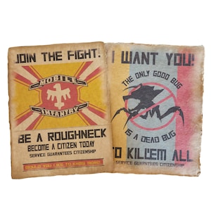 2 x Starship Troopers aged printed wanted posters pages, Halloween Prop, Wall Art