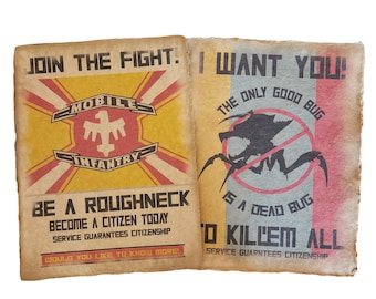 2 x páginas de carteles de búsqueda impresos antiguos de Starship Troopers, accesorio de Halloween, arte de pared
