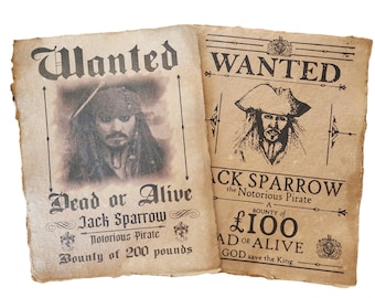 2 x Póster de Se busca de Jack Sparrow de Piratas del Caribe envejecido, accesorio de Halloween