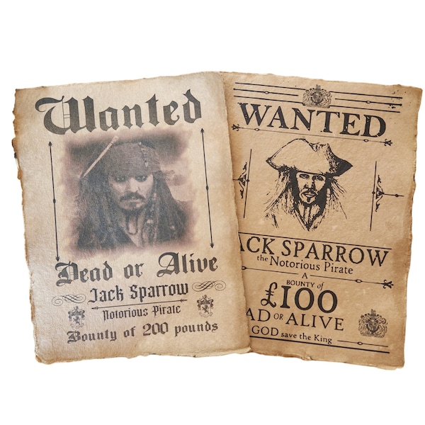 2 x Jack Sparrow Pirate Caribbean aged printed Wanted Poster, Halloween Prop