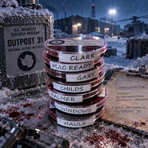 May include: A stack of seven clear plastic petri dishes containing dark red liquid, each labeled with names including Clark, MacReady, Gary, Childs, Palmer, Windows, and Nauls. The dishes are marked as blood samples from the U.S. Antarctic Research Program Outpost 31.