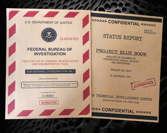 2 x Project Blue Book and FBI X file card stock cover sheets for prop or display, Wall Art