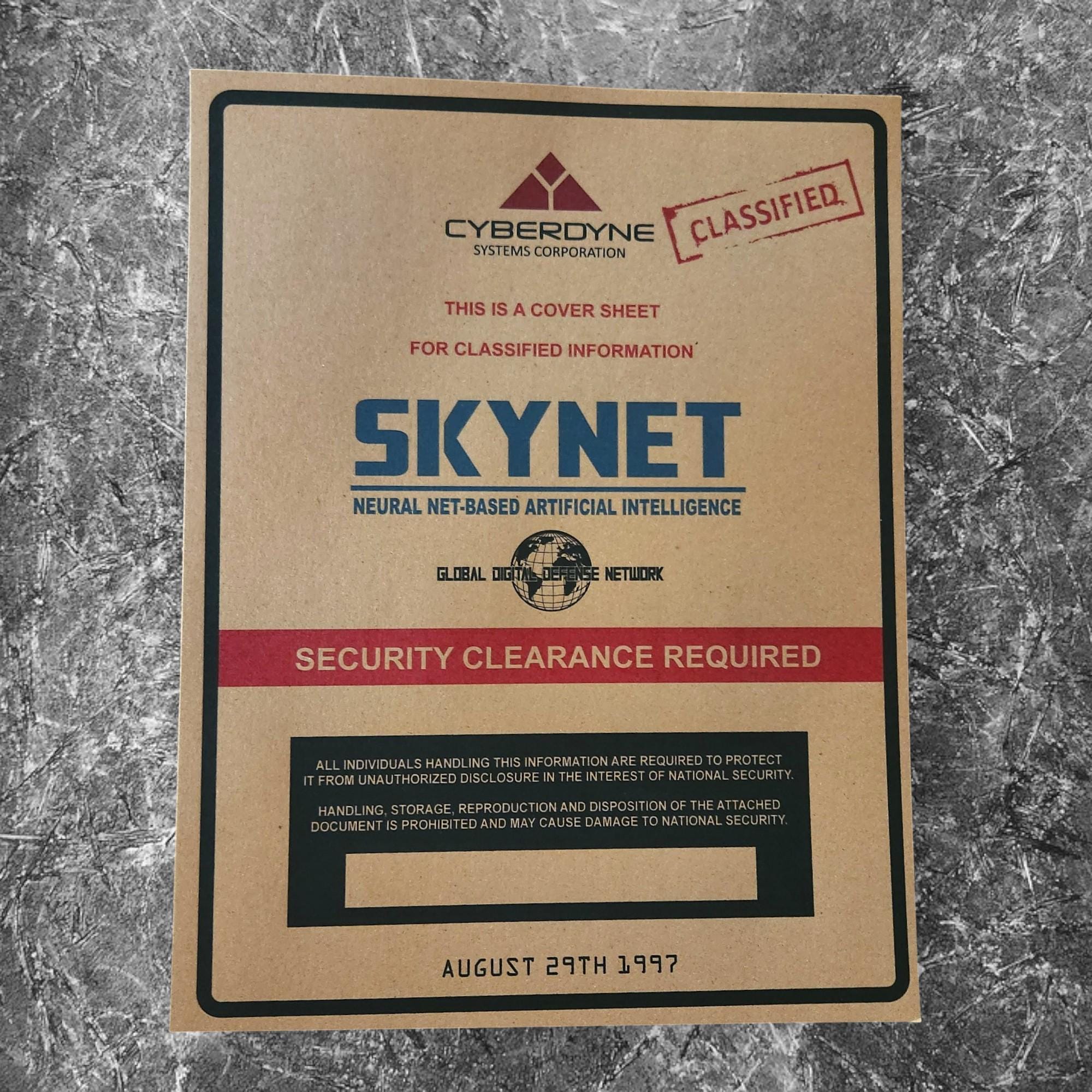 2 X Skynet Cyberdyne Systems Card Stock Cover Sheets for Prop or