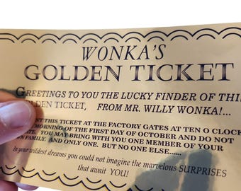 Wonka Golden Ticket prop (1971) movie actual size and screen correct fonts, wall art, cosplay, mirror gold ticket