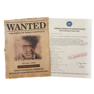 Indiana Jones Wanted Poster set, Wall Art, Halloween Prop