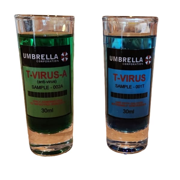 Dead Head Props 2.5oz Umbrella T-virus Shot Glasses pair, Unique Gift! Bottoms Up!