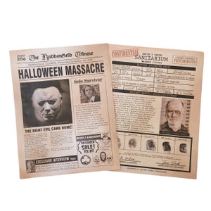 2 x Michael Myers, Halloween Concept pages art, 8.5 x 11 patient report and news paper page printed on aged parchment paper