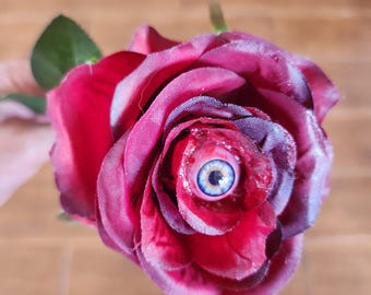 Freaky Flowers -  "Blood Red Rose" real touch Flower with realistic acrylic eye
