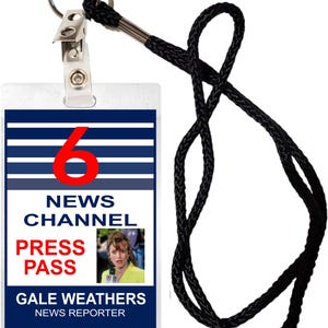 Gale Weathers, Scream ID/press pass laminated badge with clip and lanyard, Halloween Costume, Cosplay, Movie Prop