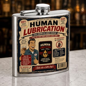 May include: A stainless steel hip flask featuring a vintage-style graphic label with the text Human Lubrication, Also Known As Liquid Courage. The design includes a cartoon illustration of a person holding a glass, various humorous text blocks, and a barcode.