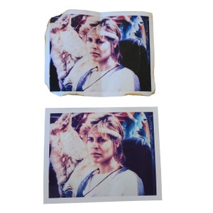 May include: A vintage photograph of a woman with a wolf. The woman is wearing a white shirt and a headband. The photograph is faded and has a worn look.