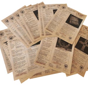 May include: A collection of aged, tan-colored paper documents styled as United States government intelligence files. Each sheet features black printed text, official-looking seals, and stamps marked Top Secret or Confidential, with various black and white illustrations.
