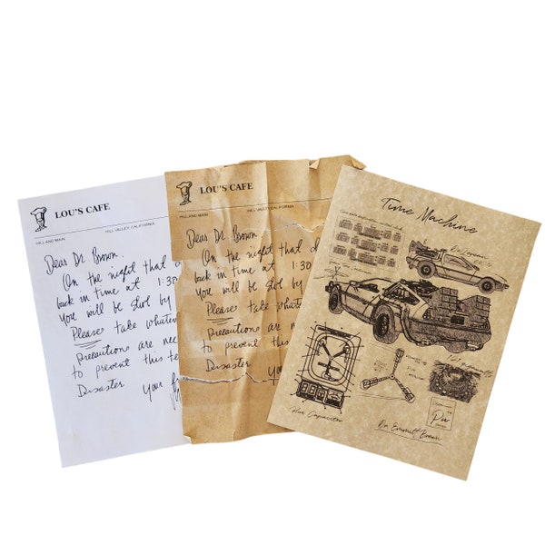 Back to the Future Dr. Emmitt Brown Letter, Time machine DeLorean Art pages printed on aged Parchment paper, 8.5 x 11,  Wall Art, Movie art