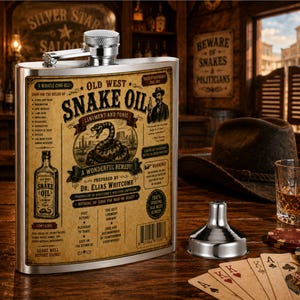 Può includere: Una fiaschetta in acciaio inossidabile con un'etichetta in stile vintage che riporta la scritta Old West Snake Oil Liniment and Tonic, con un'illustrazione di un serpente, testo e un tappo a vite argentato. L'etichetta include dettagli come Dr. Elias Whitcomb e un codice a barre.