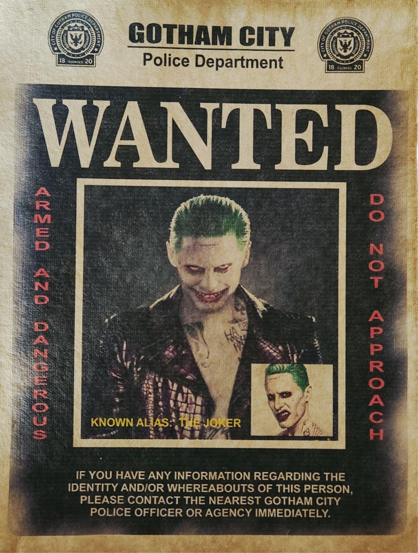 ジャレッド・レト ジョーカー 指名手配ポスター、古びたプリントアート