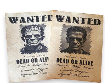 2 x Frankenstein's Monster aged printed wanted posters pages Original and Realistic version, Halloween Prop, Wall Art
