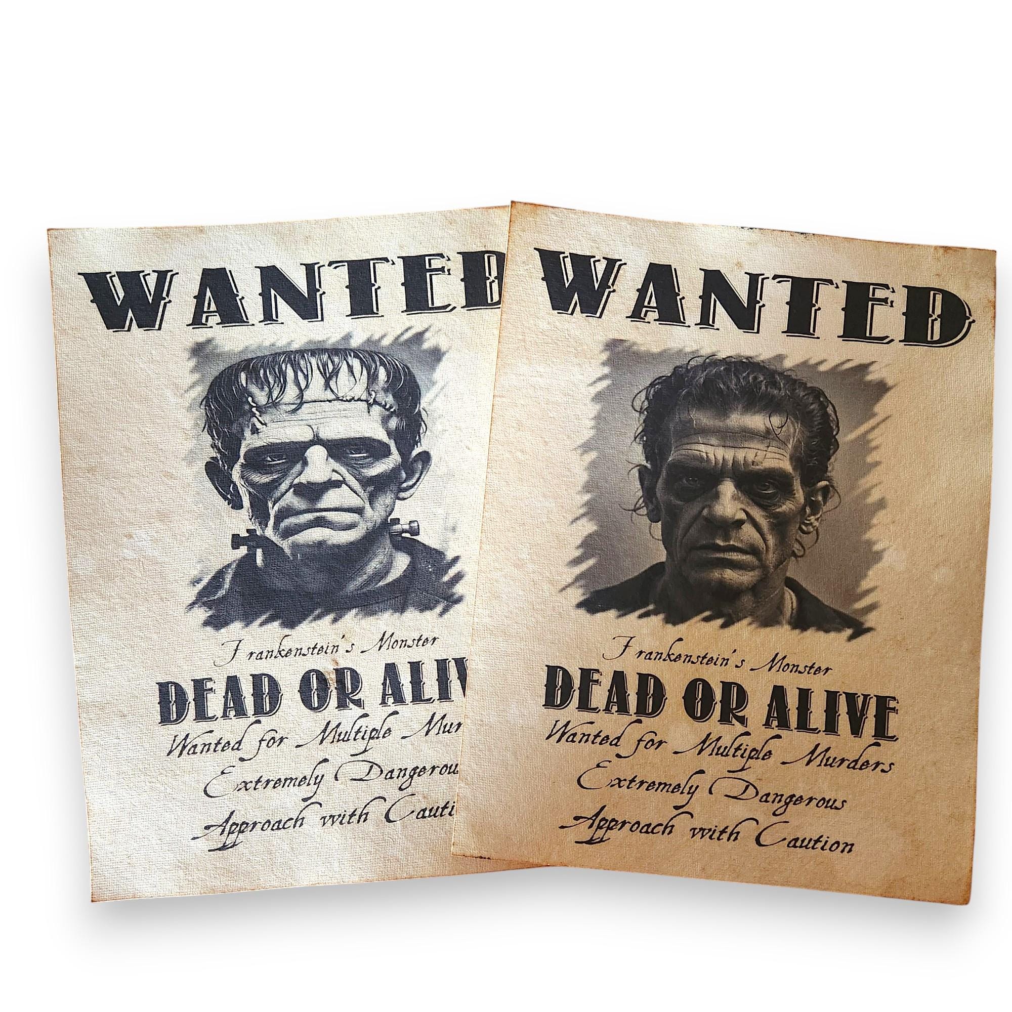 2 X Frankenstein's Monster Aged Printed Wanted Posters Pages