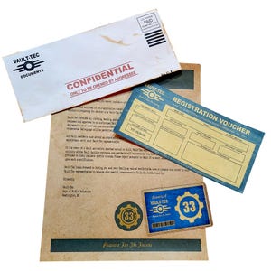 May include: A selection of Vault-Tec documents, including a 'CONFIDENTIAL' envelope, a registration voucher, and a property badge. The items feature the Vault-Tec logo and the number 33, with a vintage, distressed appearance.