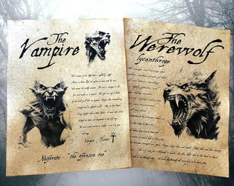 Werewolf and Vampire sketch book pages aged tea stained prints on handmade paper