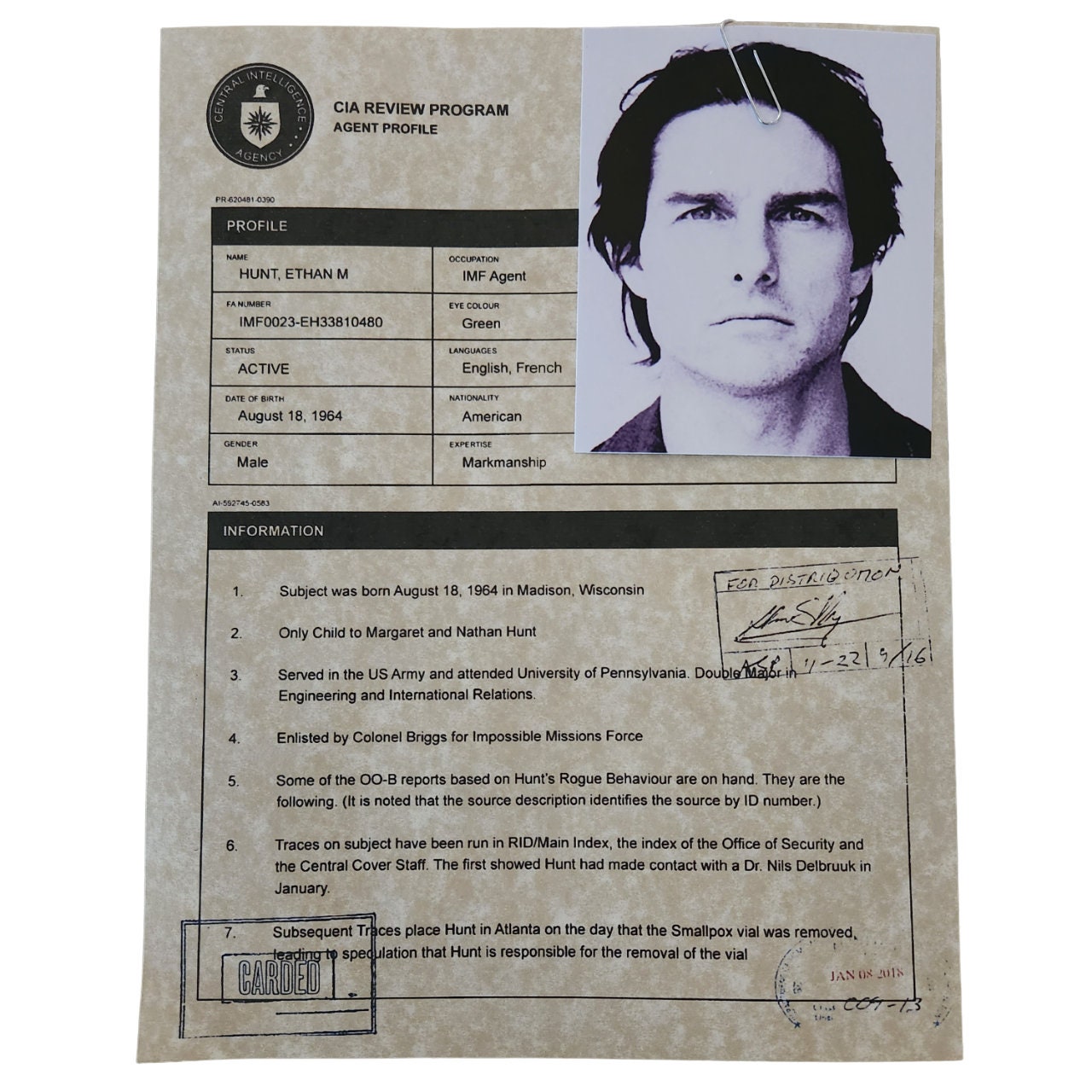 ミッション・インポッシブルのエージェントプロフィール文書（小道具