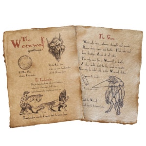 The Werewolf aged printed sketch book pages, Halloween Prop by Dead Head Props
