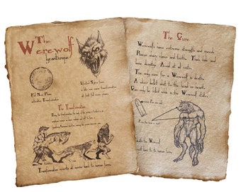 The Werewolf aged printed sketch book pages, Halloween Prop by Dead Head Props