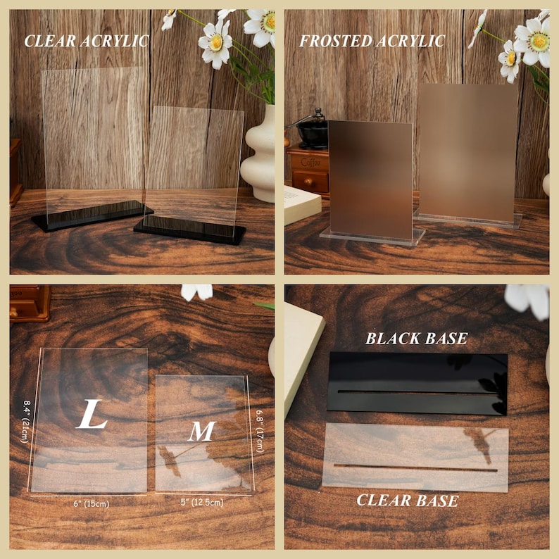 May include: Clear and frosted acrylic display stands with black and clear bases. The clear acrylic stands are labeled with "L" and "M" and measure 6" (15cm) and 5" (12.5cm) wide, respectively. The stands are 8.4" (21cm) and 6.8" (17cm) tall.