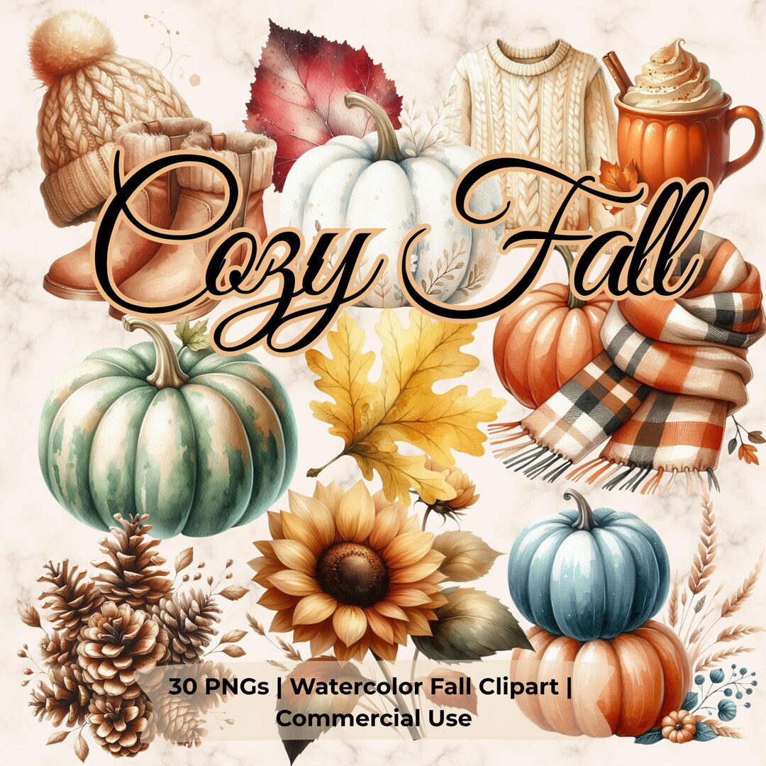 Cozy Fall Watercolor Clipart Bundle | 30 PNG Autumn Aesthetic Images ...