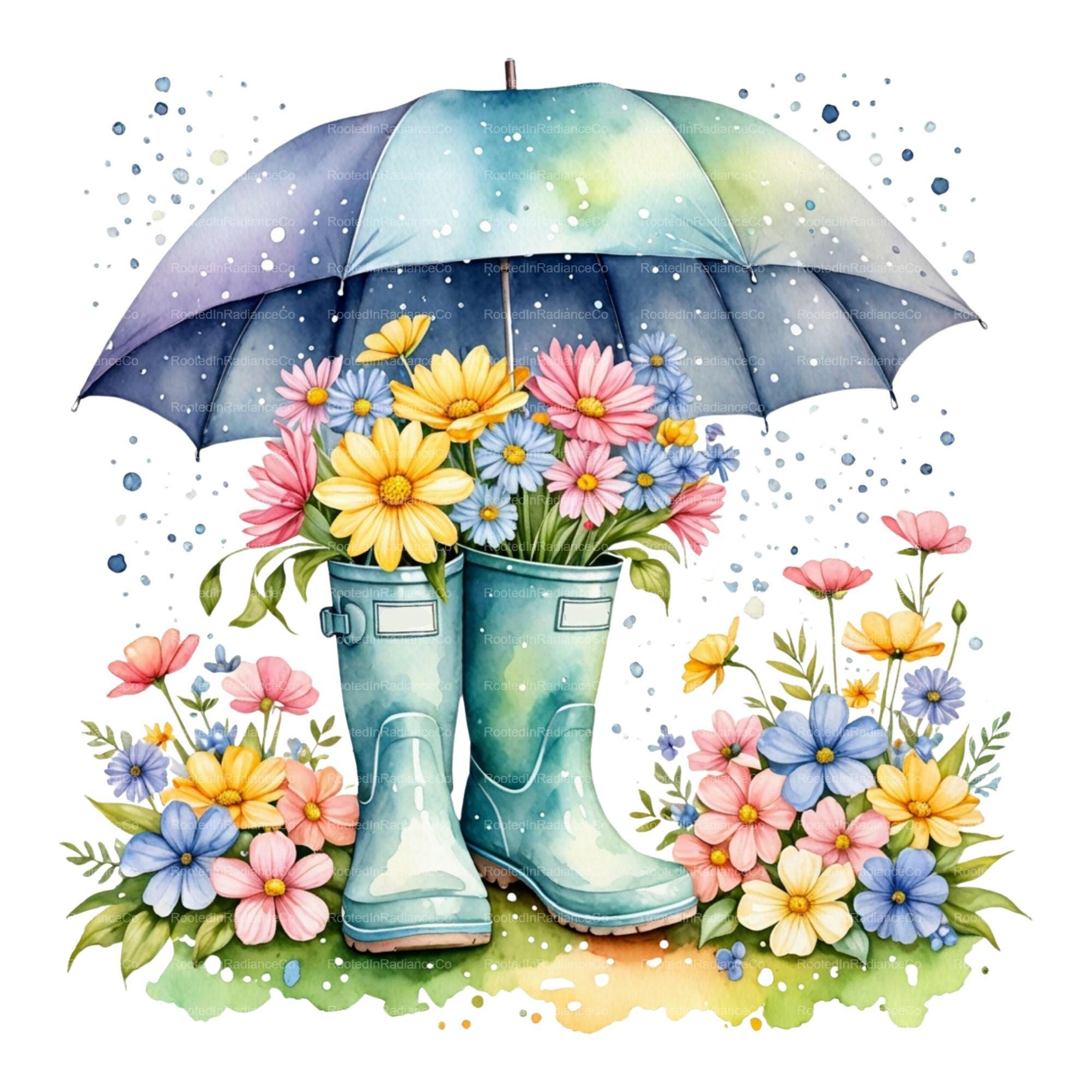 Watercolor Rain Boots Floral With Umbrella Clipart Bundle, Cottage ...