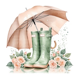 Peut inclure: Illustration à l'aquarelle de bottes de pluie vert clair et d'un parapluie pêche. Les bottes sont sous le parapluie, entourées de roses pêche et de feuilles vertes, évoquant un thème printanier ou de jardin.