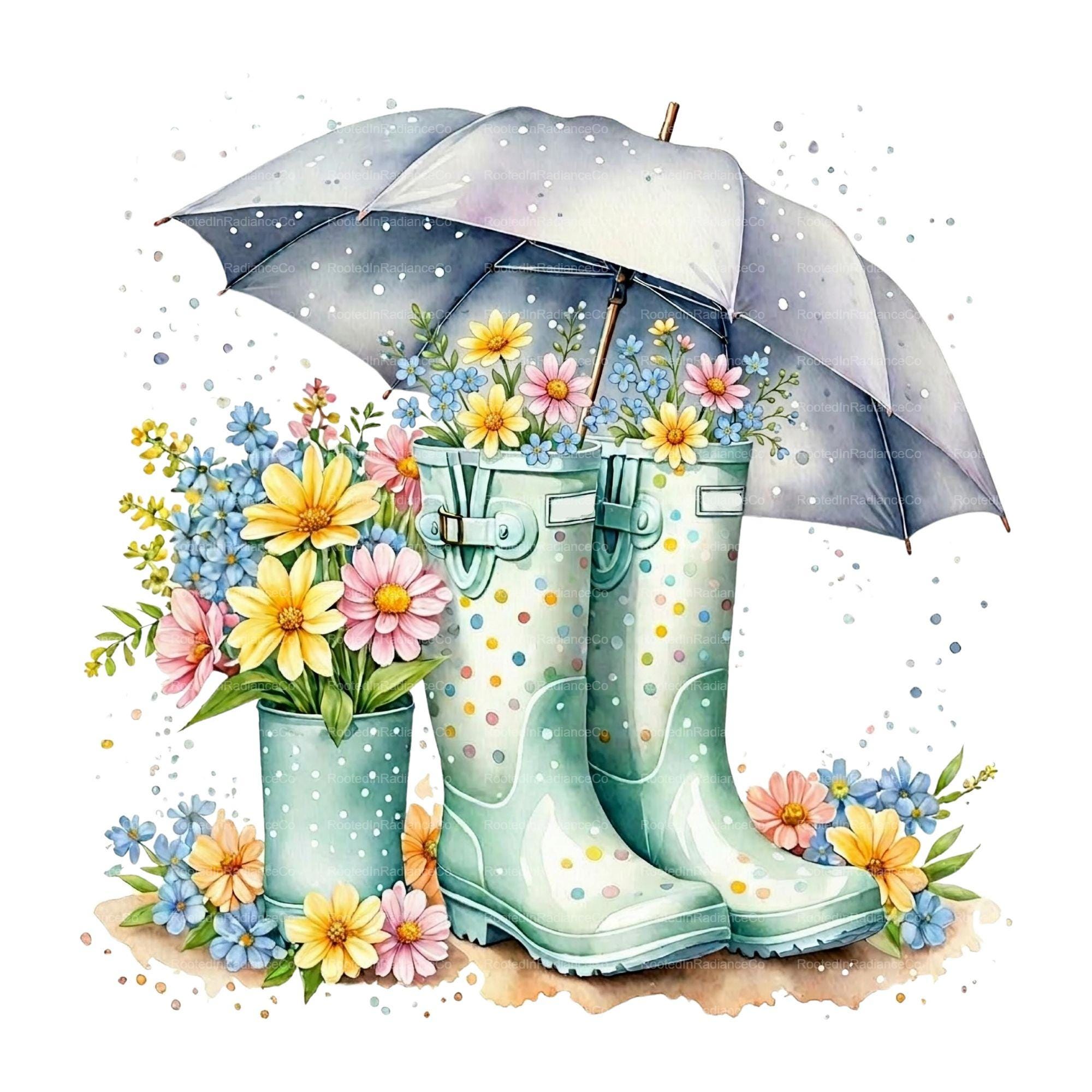 Watercolor Rain Boots Floral With Umbrella Clipart Bundle, Cottage ...