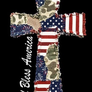 God Bless America PNG, Retro Patriotic Patchwork Cross Graphic, Faux Applique Camo Flag 4th of July Christian DTF Transfer Print Shirt File