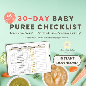 Checklist babypuree 30 dagen | First Foods-tracker voor baby's | Afdrukbaar voedsellogboek, A4 en US Letter