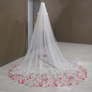 Ivory Tulle Wedding Veil with Pink Rose & Green Leaf Lace – Pink Floral Bridal Veil – Romantic Garden Wedding Veil - Cathedral Long Veil