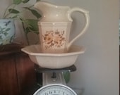 Small McCoy pitcher and basin, Mid Century, ceramic, speckled beige with flowers, Collectible pottery