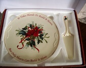 Lenox Christmas Cake Plate and Server Set, Winter Greeting in Original Box, Catherine McClung artist, Cardinal, Holly, Pinecones