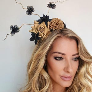Black and gold fascinator, floralfascinator, kentucky derby,headband,original headwear,free shipping,black headpiece,gold hat, handmade