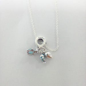 May include: A silver necklace with a pendant featuring three charms: a turtle with a blue gem, a fish, and a seashell. The word "Explore" is engraved on the pendant's clasp.