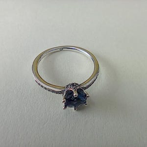 May include: A silver ring with a large, dark blue gemstone at the center. The band is thin and has small, dark accents. The gemstone is surrounded by a crown-like setting. A piece of jewelry.