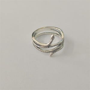 Può includere: Un anello color argento a forma di serpente. L'anello si avvolge attorno al dito con una testa e una coda di serpente. Il corpo del serpente è incrostato di piccole pietre trasparenti. L'anello è su una superficie bianca.