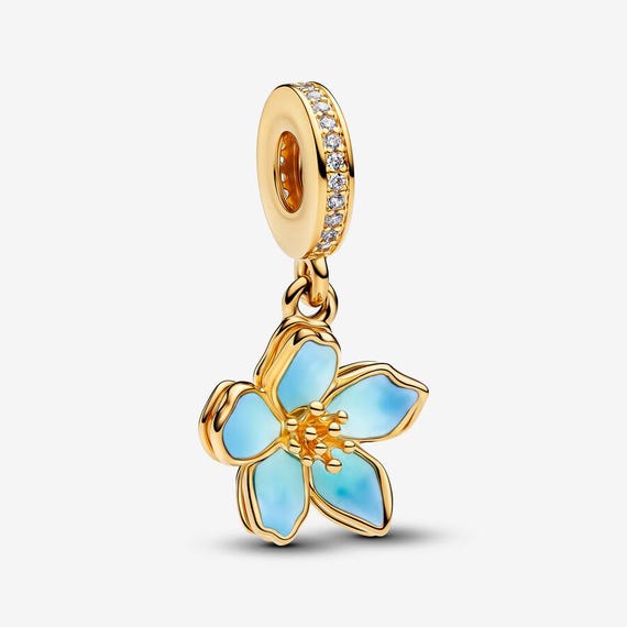 Pandora Blue Blossom Golden Dangle Charm - Etsy UK